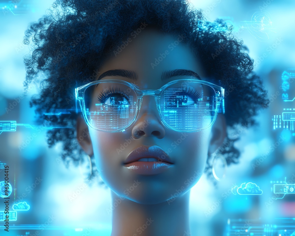 Poster 3D illustration of African American woman Coco in cloud computing concept, interacting with cloud service server for data storage and processing, blogging and mobile app focus