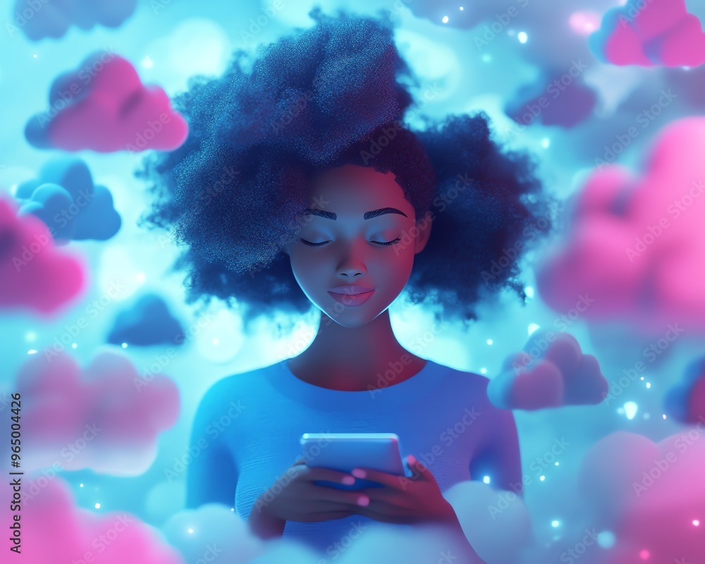 Poster 3D illustration of African American woman Coco in cloud computing concept, interacting with cloud service server for data storage and processing, blogging and mobile app focus
