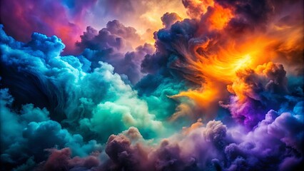 Fototapeta premium Vibrant smokewolken in shades of blue, green, violet and orange illuminating the dark sky