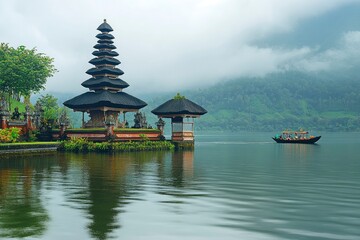Obraz premium Ulun Danu Beratan temple at the edge of Lake Bratan, Bali, Indonesia , ai