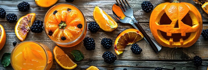 Fototapeta premium Colorful apple juice accompanied by blackberries, tangerines, a jack-o'-lantern, and utensils on a wooden board.
