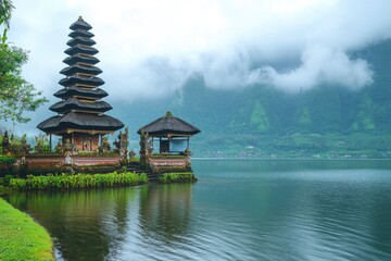 Obraz premium Ulun Danu Beratan temple at the edge of Lake Bratan, Bali, Indonesia , ai