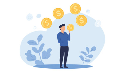 Money question, where to invest, pay off debt or invest to earn profit, financial choice or alternative to make decision concept, businessman investor holding money coin thinking about investment.