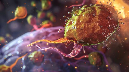 A detailed depiction of Gallbladder cancer. The cancerous growth within the gallbladder is shown. The abnormal cells are visible and their spread might be indicated
