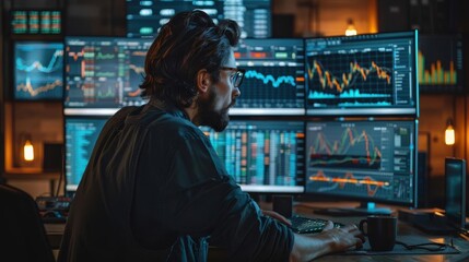 Obraz premium A focused individual analyzes data on multiple screens in a modern office with financial graphs and statistics displayed.