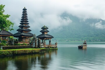Obraz premium Ulun Danu Beratan temple at the edge of Lake Bratan, Bali, Indonesia , ai