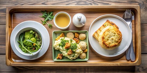 A stock photo of a light breakfast in a restaurant with a bird s eye view featuring a tray filled with a variety of healthy options including green tea and baked cauliflower