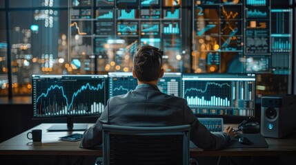 Fototapeta premium A person analyzes data on multiple screens in a modern office, surrounded by graphs and financial indicators at night.
