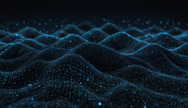 Digital data waves with glowing particles flowing over dark field.