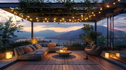 Fototapeta premium A serene outdoor patio with cozy seating, warm lights, and stunning mountain views at sunset, perfect for relaxation or gatherings.