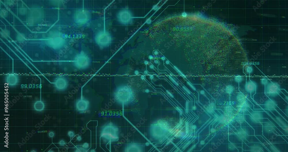 Poster animation of network of connections and data processing with circuit board over globe