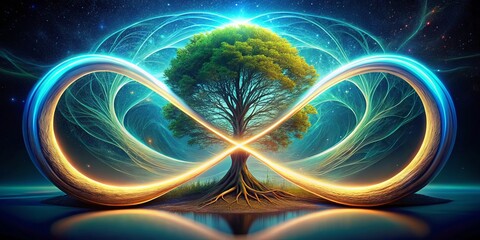 The mystical tree of life bursts forth from an endless loop, embodying the intricate web of relationships that
