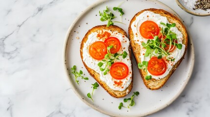 Gluten-free sourdough toast topped with vegan cream cheese, smoked paprika, and microgreens, minimalist kitchen setting