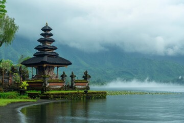 Naklejka premium Ulun Danu Beratan temple at the edge of Lake Bratan, Bali, Indonesia , ai