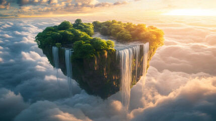 A floating island shaped like a giant tree leaf, with waterfalls pouring off the edges into a sea of clouds below, illuminated by a soft sunset