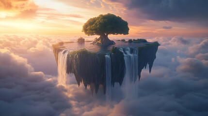 A floating island shaped like a giant tree leaf, with waterfalls pouring off the edges into a sea of clouds below, illuminated by a soft sunset