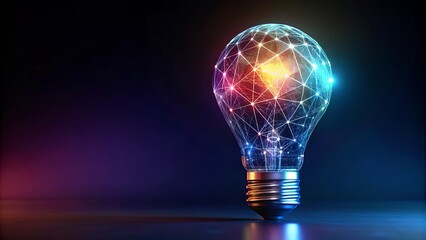 Holographic light bulb with low polygonal shapes on dark background