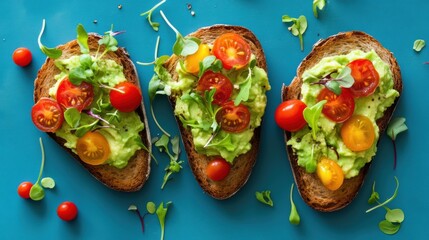Healthy gluten-free sourdough bread slices with avocado spread, cherry tomatoes, and microgreens, vibrant colors