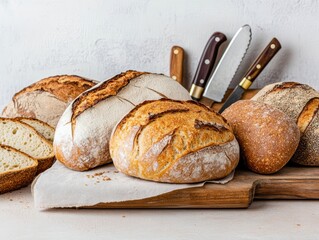 Variety of gluten-free sourdough breads displayed on a rustic kitchen counter, alongside a collection of artisanal knives