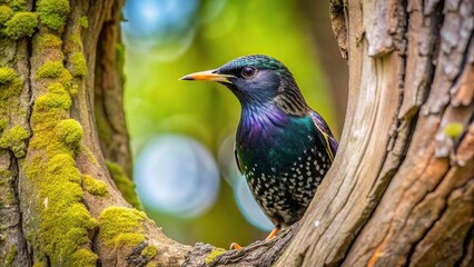 Fototapeta premium Common starling looking out of a tree hole framed by the natural surroundings, observing, habitat, peeking, colorful feathers, branch, watching, curiosity, inquisitive, curious, tree hole