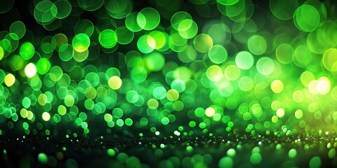 A detailed description Green bokeh from carborundum on a black background captured at a tilted angle creating a vibrant and abstract image with soft focus and a mesmerizing glow