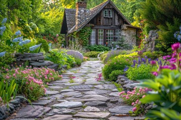 A charming stone pathway leads to a rustic cottage surrounded by lush greenery and colorful flowers, inviting tranquility and nature.