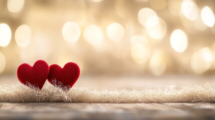 Fototapeta premium Banner featuring two red hearts on a rustic table with soft lights, set against a wooden background. This Valentine's Day concept creates a warm and romantic atmosphere, 
