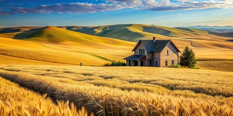 A charming house nestled next to a golden wheat field surrounded by the gentle slopes of rolling hills, house, picturesque, charming, peaceful, nature, countryside living, rural, serene