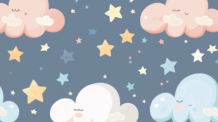 cute cloud and stars on nice pastel gray bottom border seamless pattern