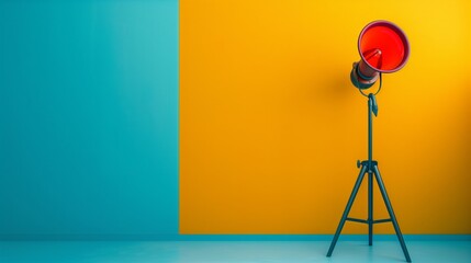 Stylish Red Studio Spotlight Lamp Against a Bright Yellow and Teal Background. Modern home decor photography highlighting minimalist design and contemporary lighting solutions.