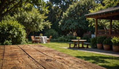 Obraz premium Rustic wooden picnic table set in a lush green backyard garden.
