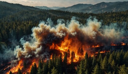 Massive wildfire burning through a forest with thick smoke rising.