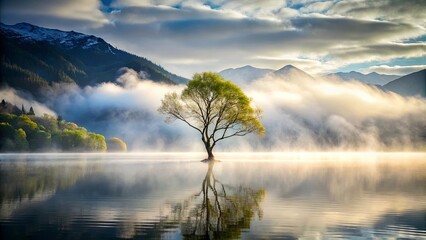 Solitary tree by tranquil water surrounded by mountains shrouded in mystical fog