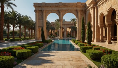 Obraz premium Luxurious palace courtyard with arches, greenery, and a pool.
