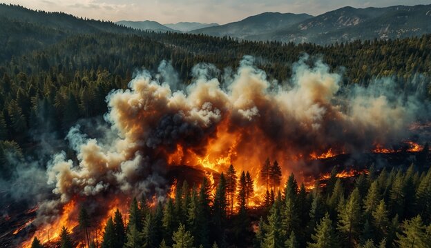Massive wildfire burning through a forest with thick smoke rising.