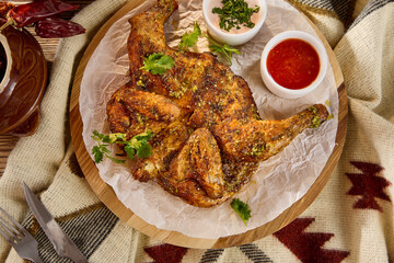 Traditional Georgian Chicken Tabaka with Sauces on Rustic Wooden Platter