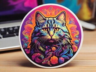 psychedelic tabby cat  sitting at a desk, surrounded by various art supplies and magical objects. nebula, with stars background. Generative AI.