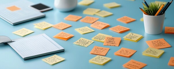 A colorful array of sticky notes on a blue desk, capturing creativity and organization for brainstorming and productivity.