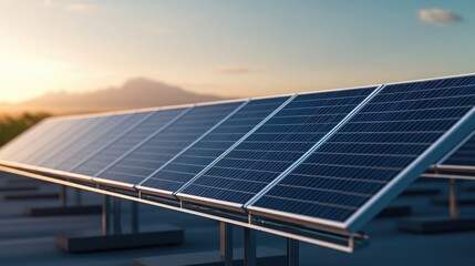 Solar panels harnessing sunlight at sunset, showcasing renewable energy technology against a picturesque landscape.