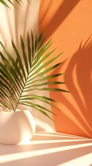 Palm Leaf Casting Shadows on a Beige and Orange Background