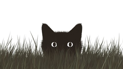Obraz premium Black vector silhouette of a cat peeking out from a tall grass patch. The cat’s body is low to the ground with its ears alert, suggesting a stealthy and cautious stance as it observes its surroundings