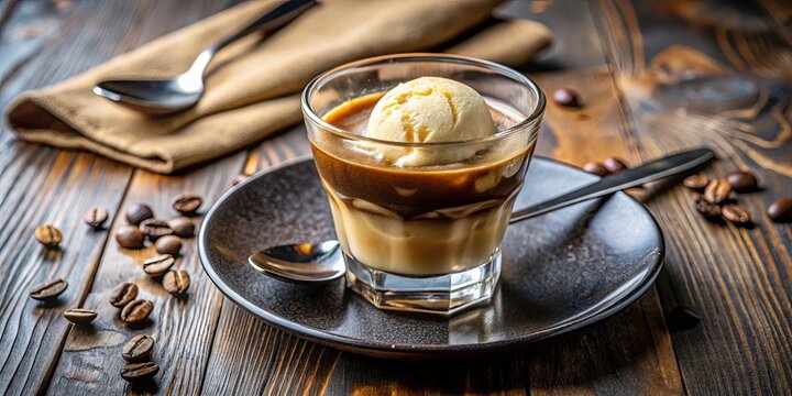 Decadent affogato dessert with a scoop of vanilla ice cream melting into a shot of espresso, viewed from above
