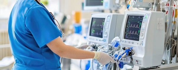 Medical professional monitoring patient health with advanced monitoring equipment in a hospital setting.