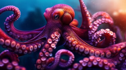 Close-up of a vibrant red octopus with extended tentacles, displaying its textured skin and suckers in a colorful coral reef.