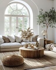 Cozy Scandinavian Farmhouse Living Room with Rustic Round Coffee Table and Pillowed Sofa by Arched Window.