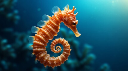 A golden seahorse with curled tail floating in a vibrant underwater environment surrounded by soft coral and aquatic plants.