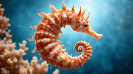 A golden seahorse with curled tail floating in a vibrant underwater environment surrounded by soft coral and aquatic plants.