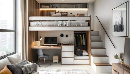 Compact Bedroom with Loft Bed, Integrated Storage, and Small Desk Maximizing Space Efficiency
