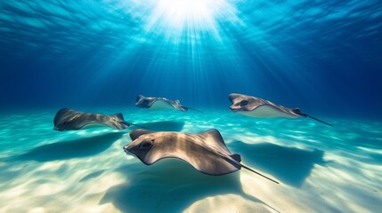 Three brown stingrays gliding gracefully over the sandy ocean floor, illuminated by sun rays penetrating the clear blue water.