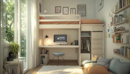 Compact Bedroom with Loft Bed, Integrated Storage, and Small Desk Maximizing Space Efficiency